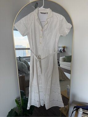 White Eyelet Midi Shirt Dress with Tie Waist and Short Sleeves